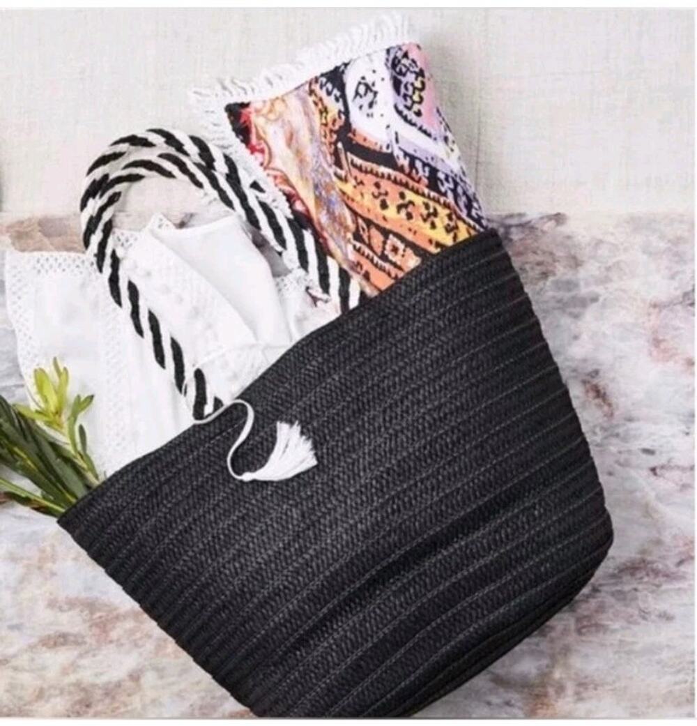 Limited Edition NEW Rachel Zoe Box of Style Black & White Straw Beach Tote Bag
